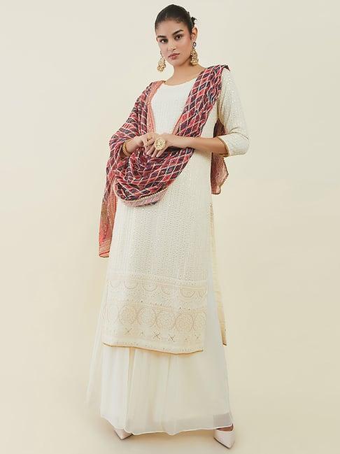 soch off-white embroidered kurta palazzo set with dupatta