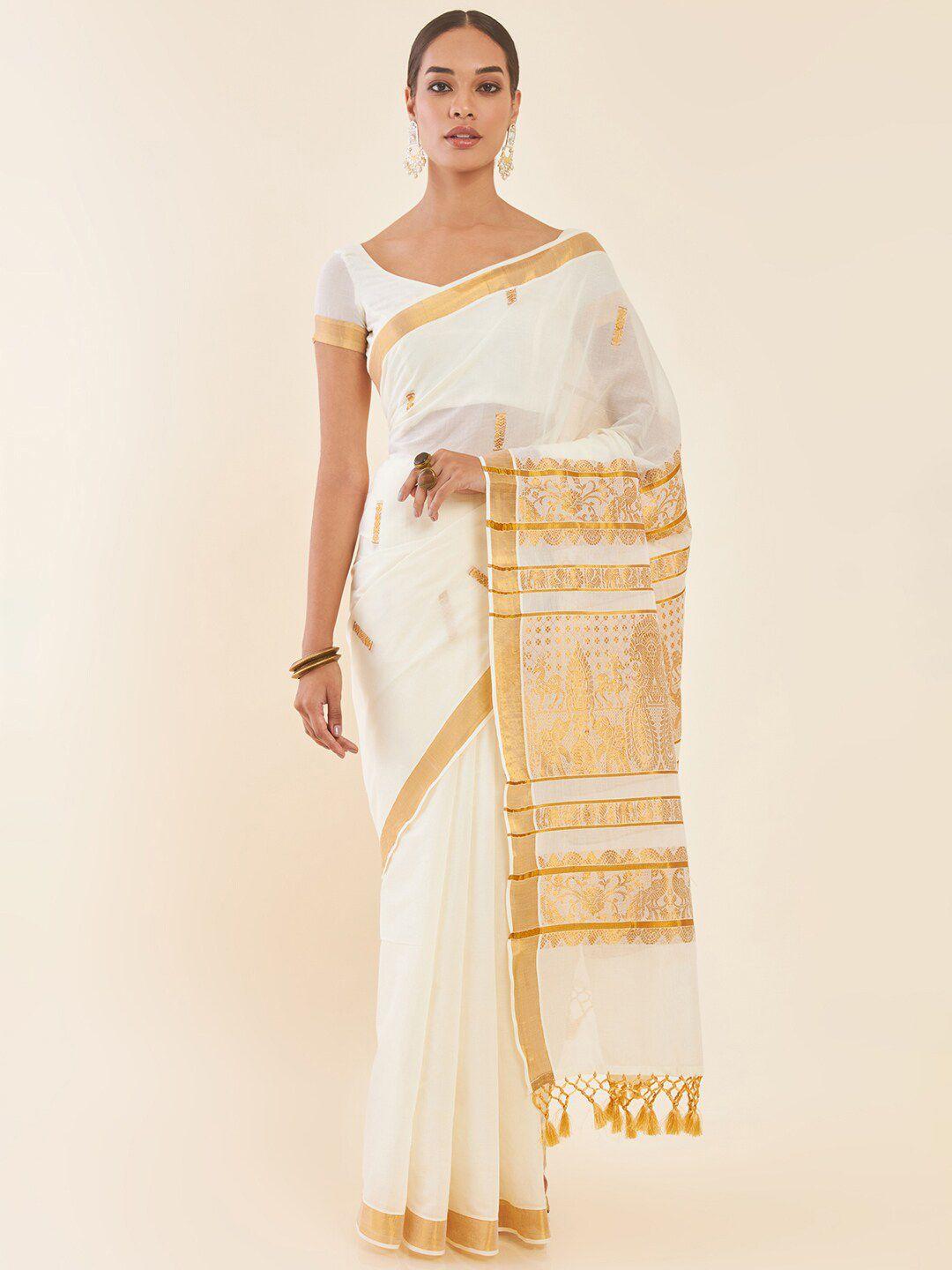 soch off white ethnic motif woven design zari pure cotton kasavu saree
