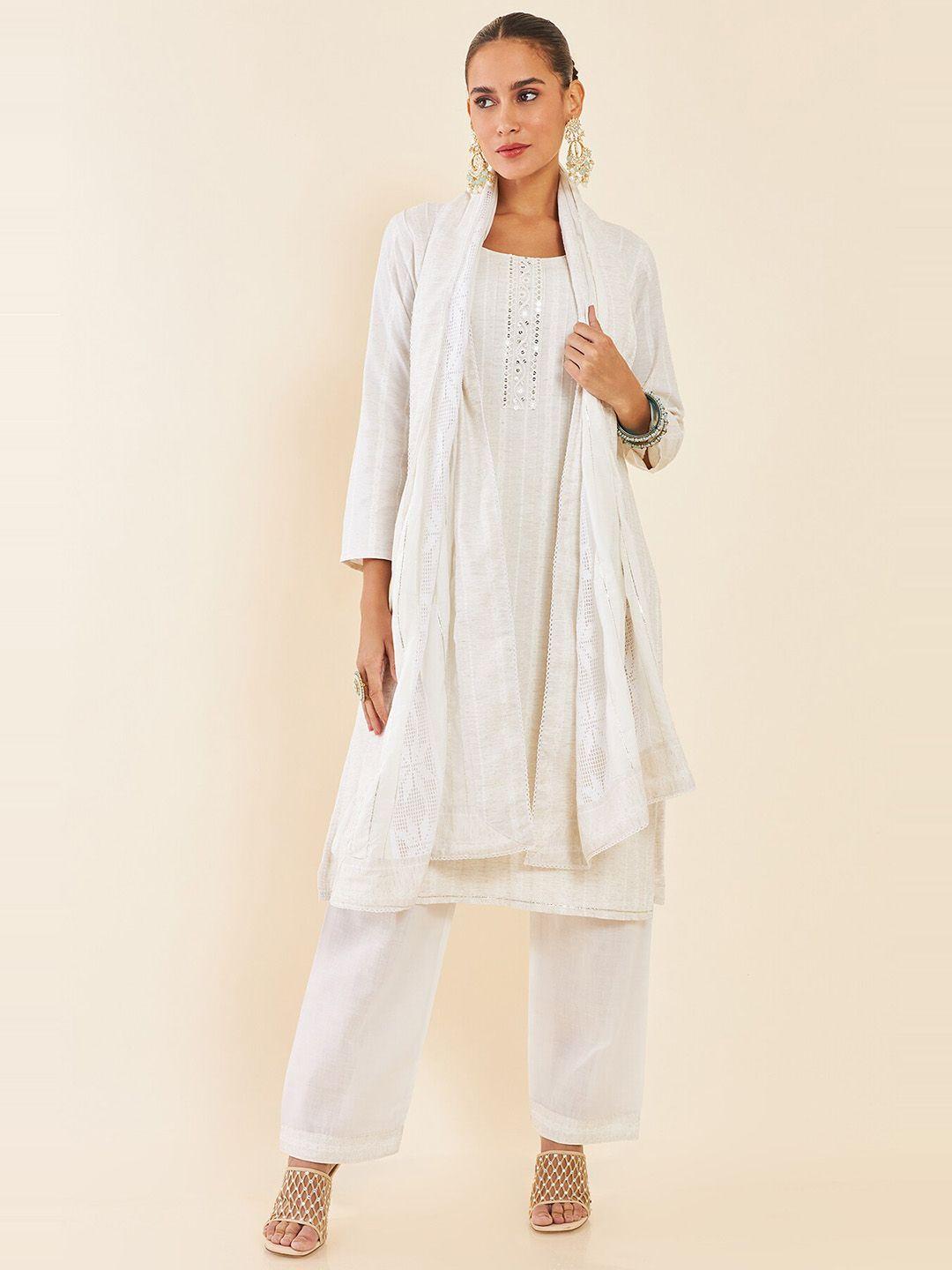 soch off white ethnic motifs sequinned embroidered pure cotton unstitched dress material
