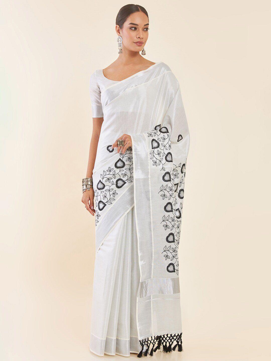 soch off-white floral embroidered zari tissue kasavu saree