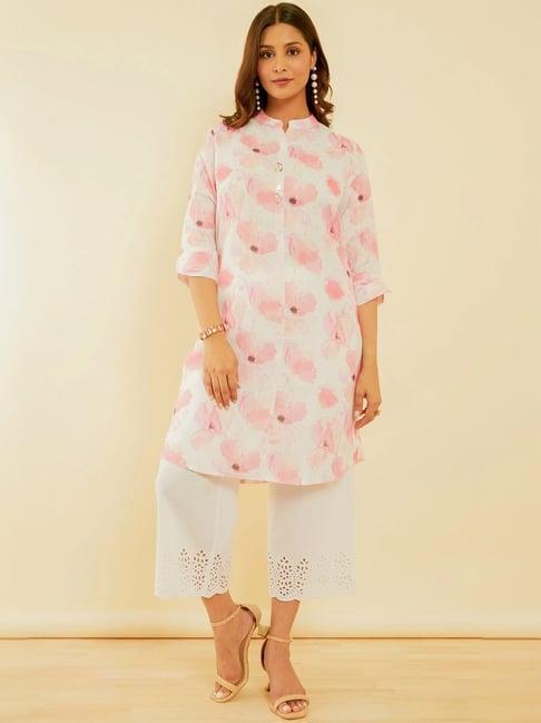 soch off-white floral print a line kurti