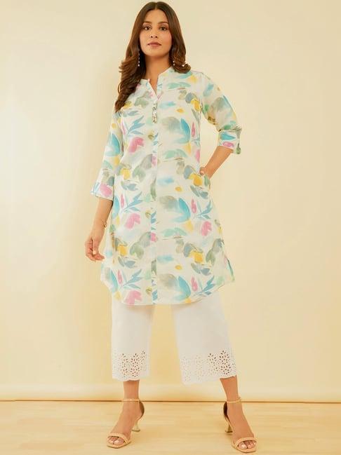 soch off-white floral print a line kurti