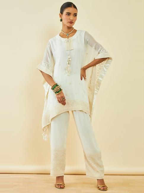 soch off white georgette embroidered round-neck kaftan suit with inner slip