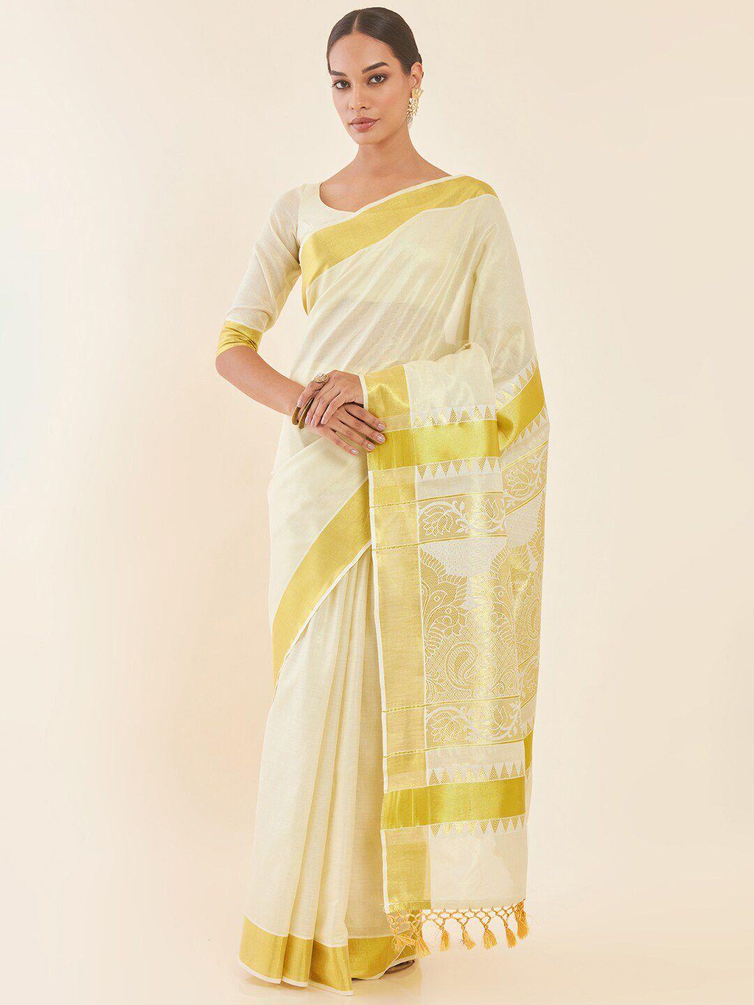 soch off white paisley woven design zari tissue kasavu saree