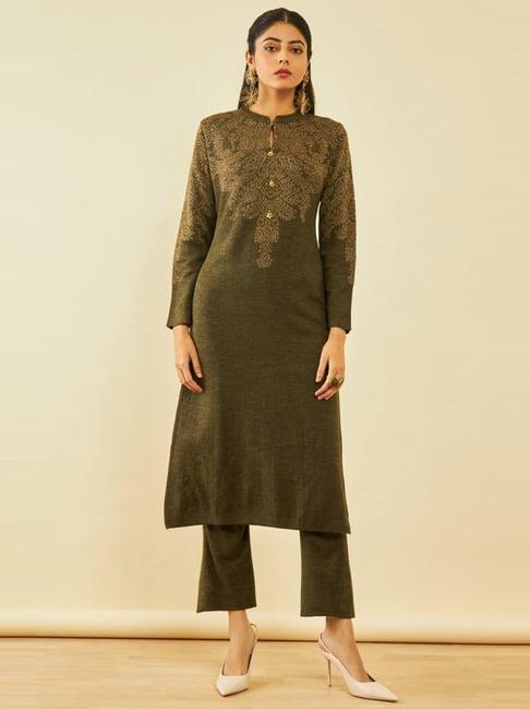 soch olive acrylic paisley and floral pattern knitted winter kurta set