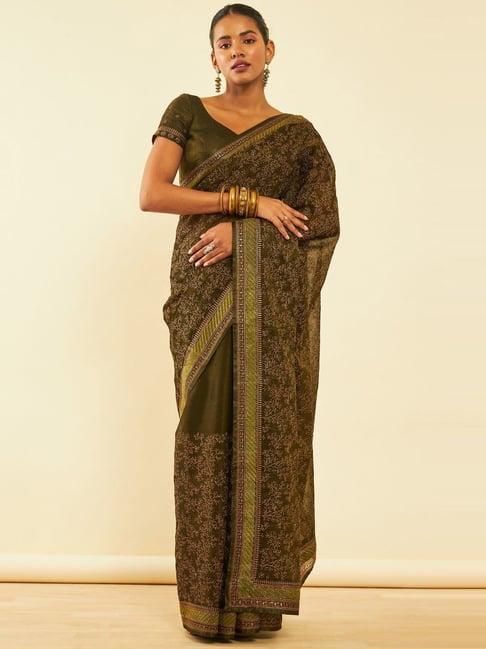 soch olive chiffon all-over zari embroidered saree