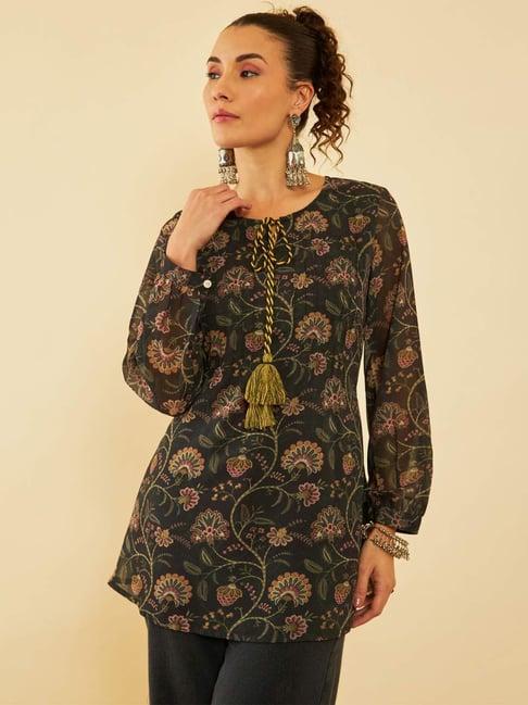 soch olive georgette floral printed tunic with tie-ups