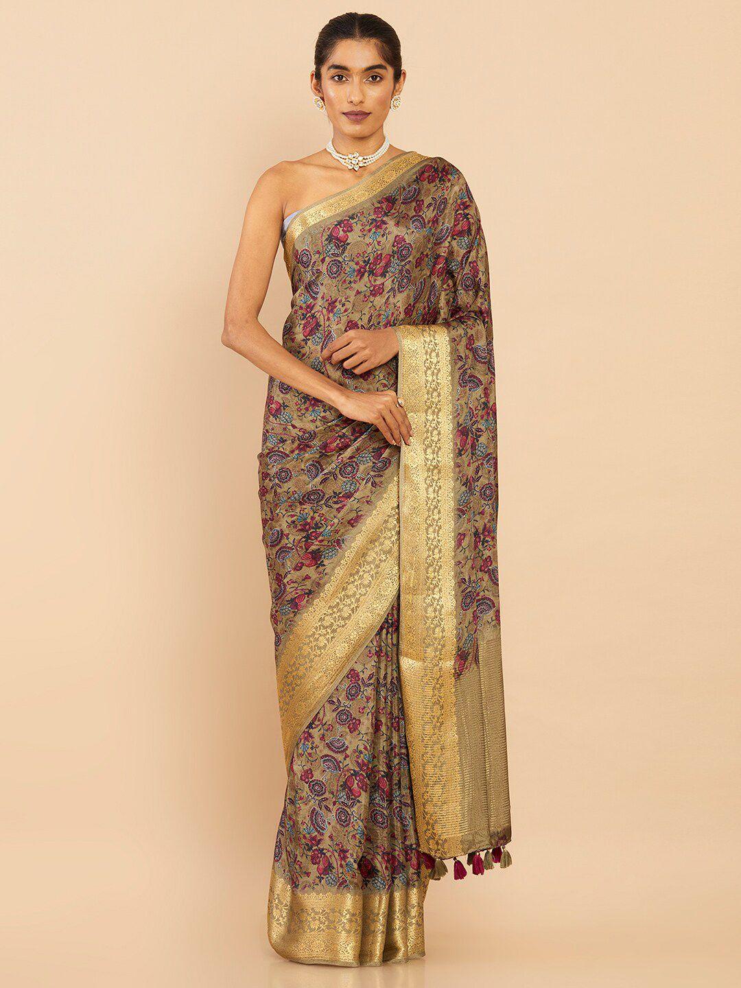 soch olive green & blue floral zari art silk saree