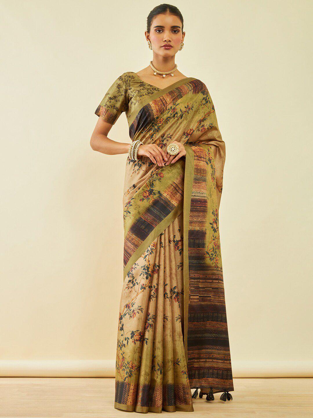 soch olive green & brown floral art silk saree