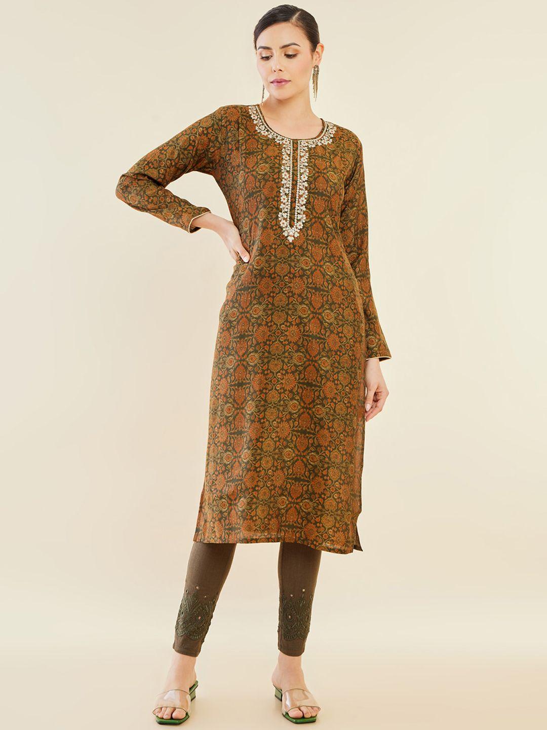 soch olive green & brown floral printed thread work kurta