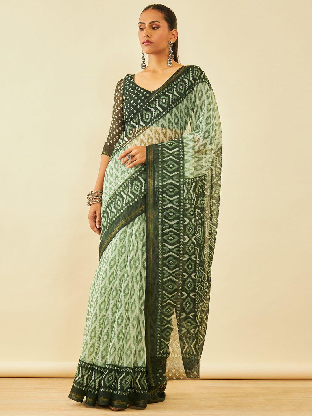 soch olive green & white ethnic motifs printed zari ikat saree