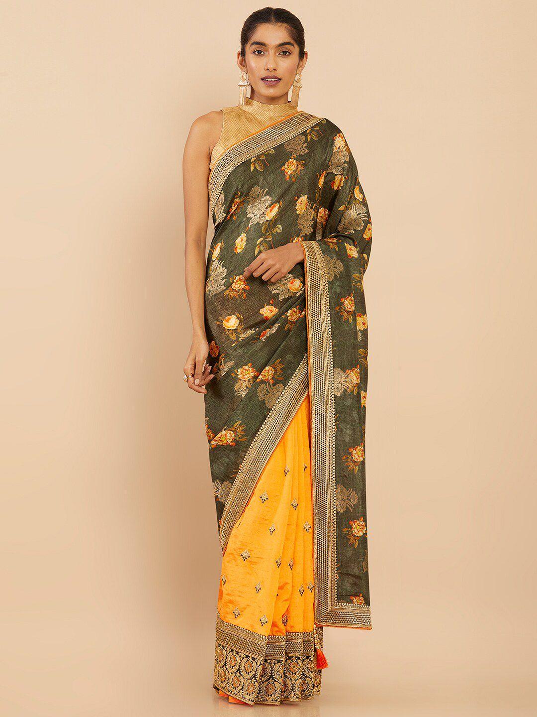 soch olive green & yellow floral art silk saree