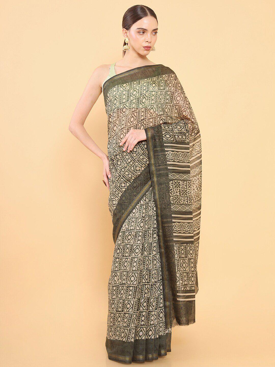 soch olive green batik silk blend saree