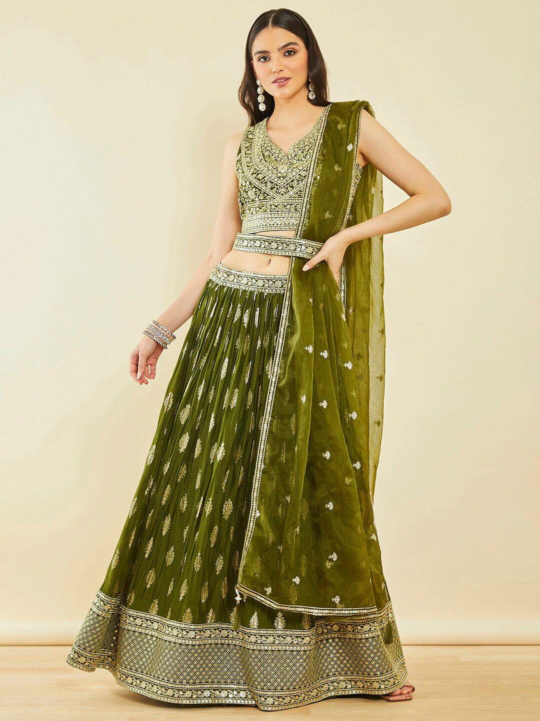 soch olive green embroidered belted ready to wear lehenga & blouse with dupatta