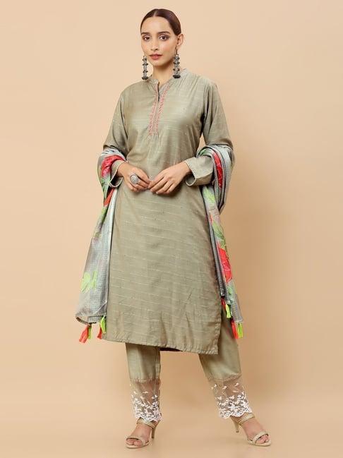 soch olive green embroidered kurta pant set with dupatta