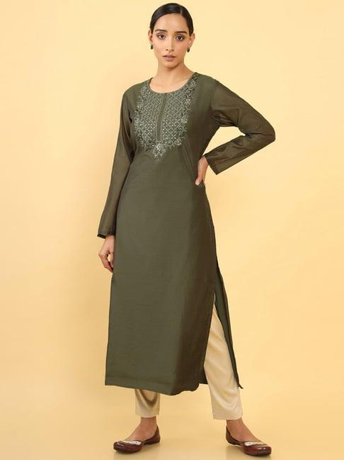 soch olive green embroidered straight kurta