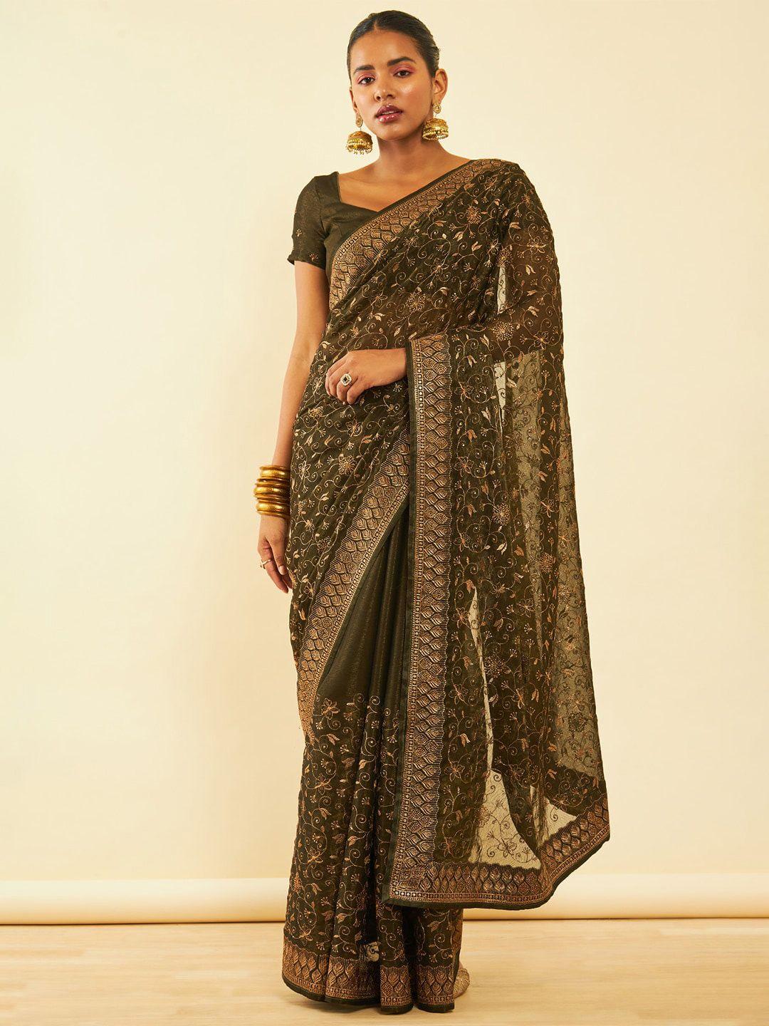 soch olive green embroidered zari pure chiffon saree