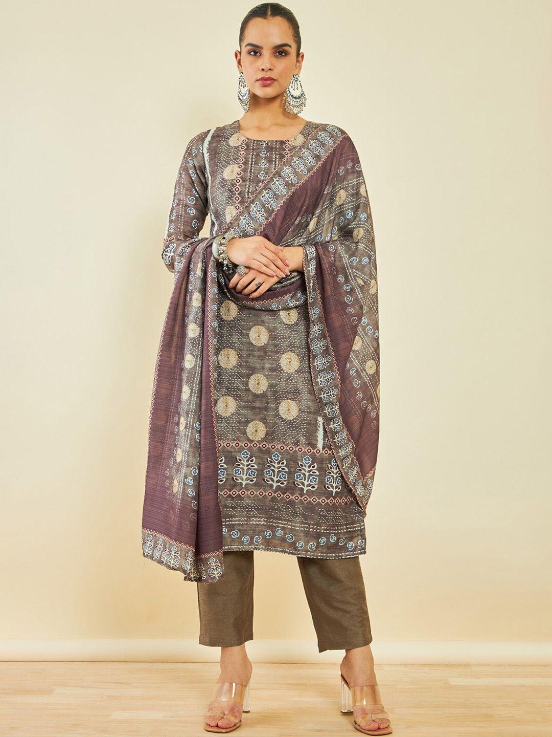 soch olive green ethnic motif printed sequinned straight kurta & trousers with dupatta