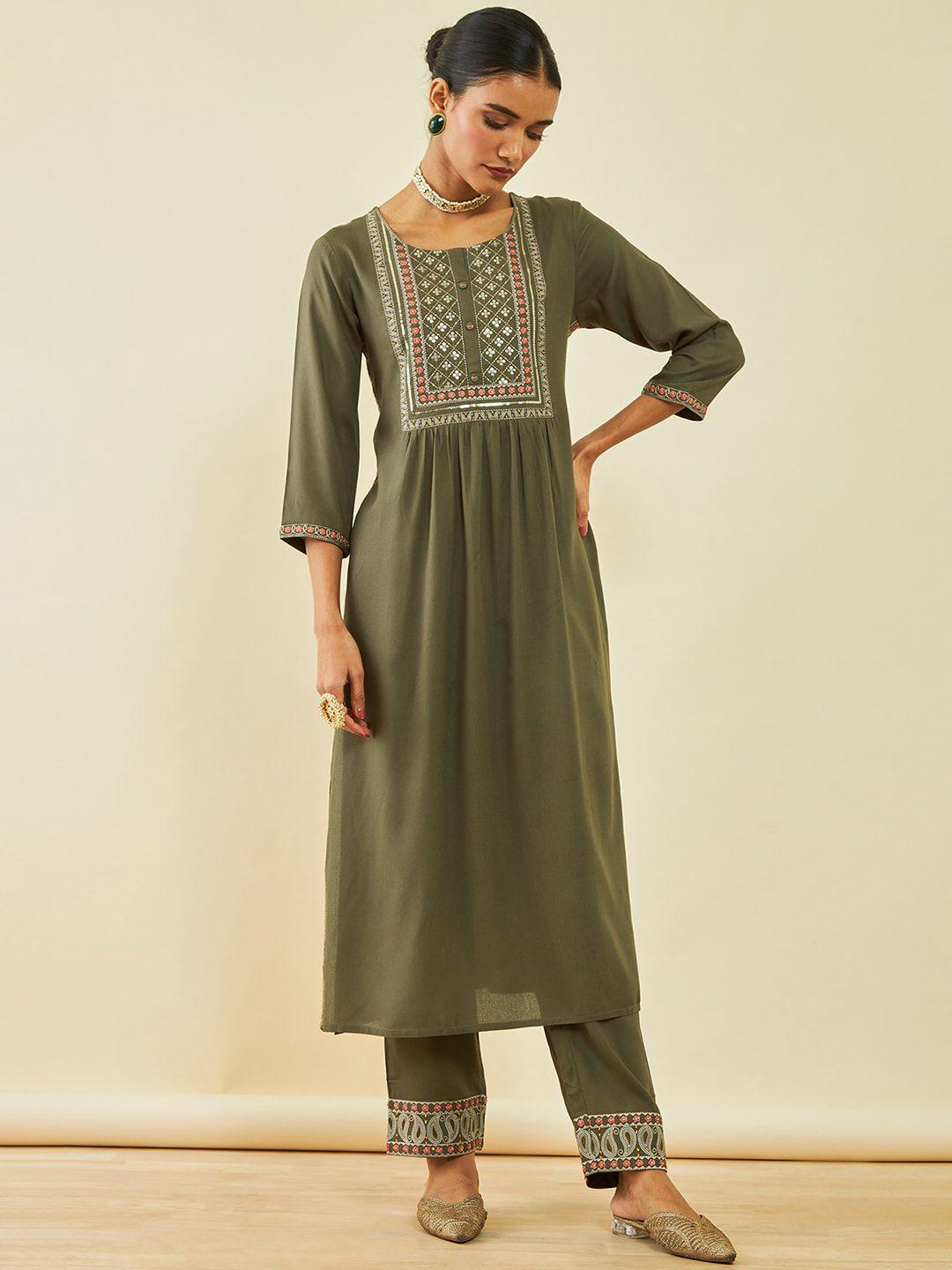 soch olive green ethnic motifs embroidered pleated sequinned kurta with trousers