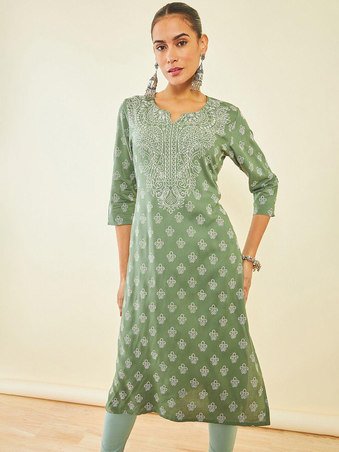 soch olive green ethnic motifs printed round neck regular kurta