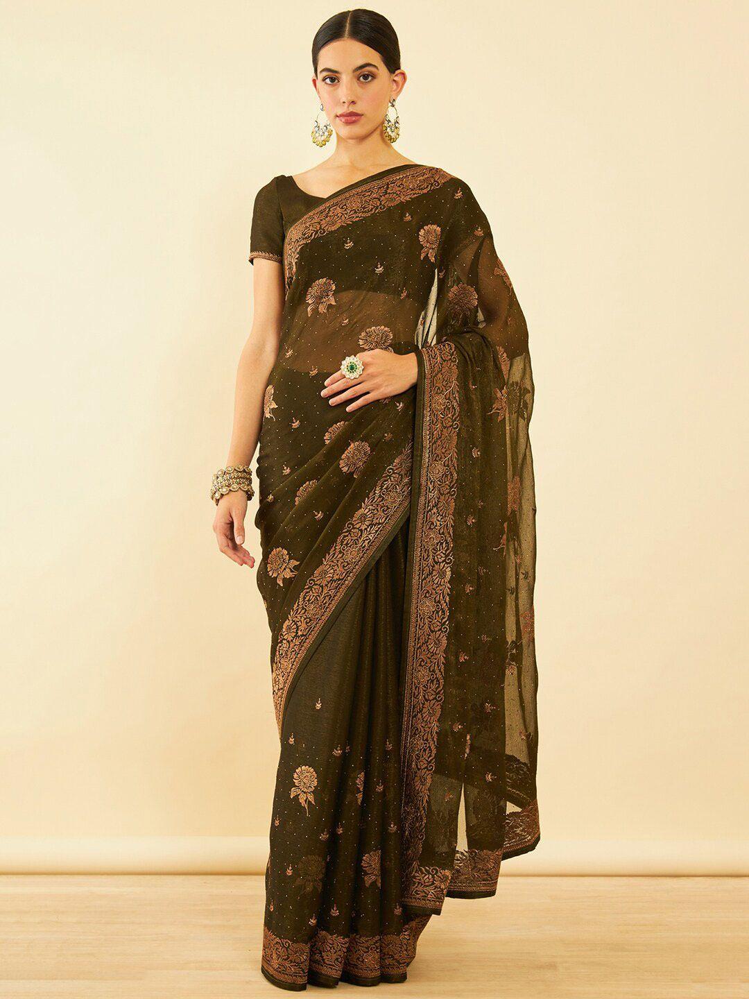 soch olive green floral embroidered pure chiffon saree