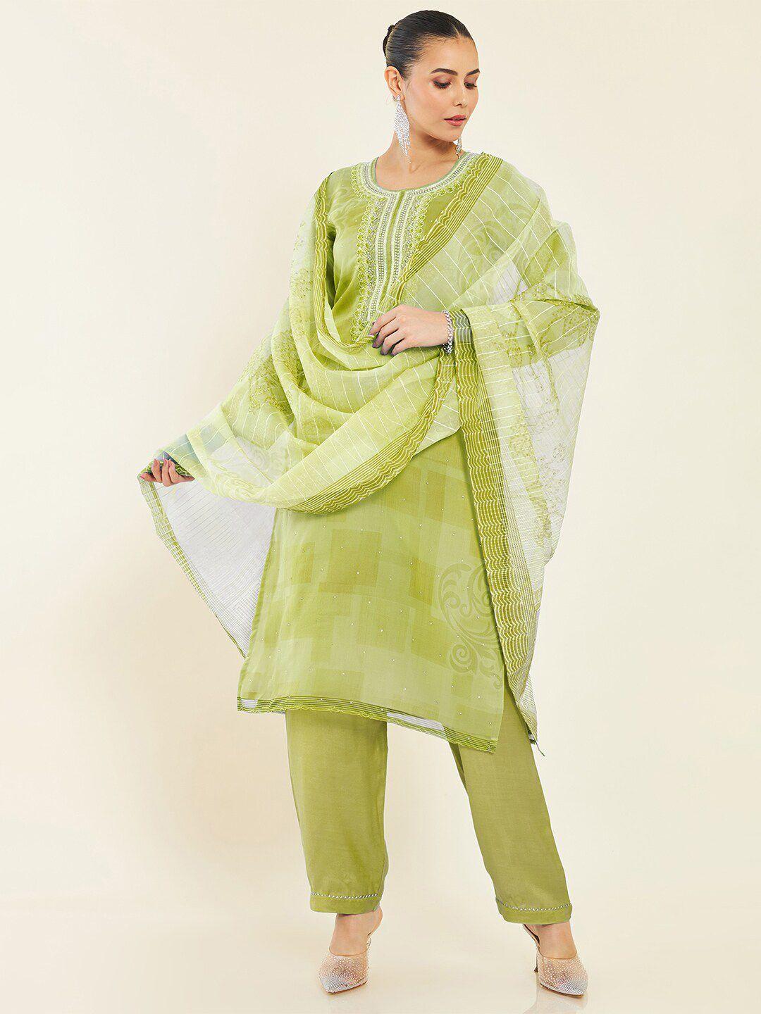 soch olive green printed unstitched dress material