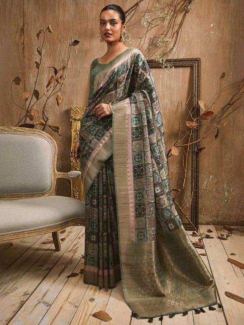 soch olive green woven saree with unstitched blouse