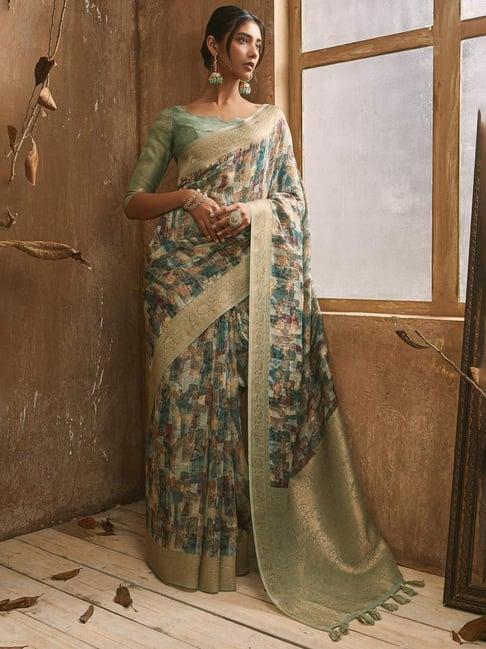 soch olive green woven saree with unstitched blouse