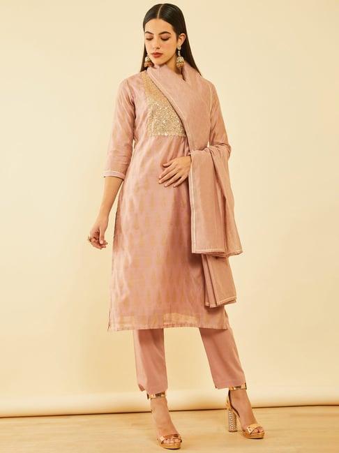 soch onion pink chanderi sequinned embellished printed suit set