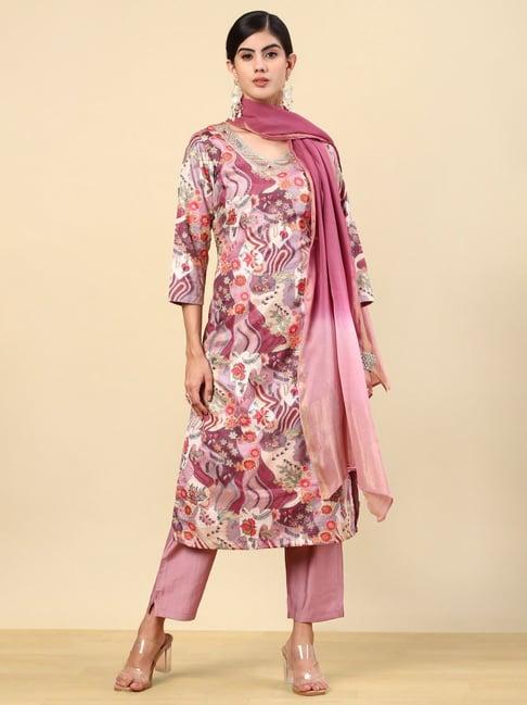 soch onion pink floral print kurta pant set with dupatta