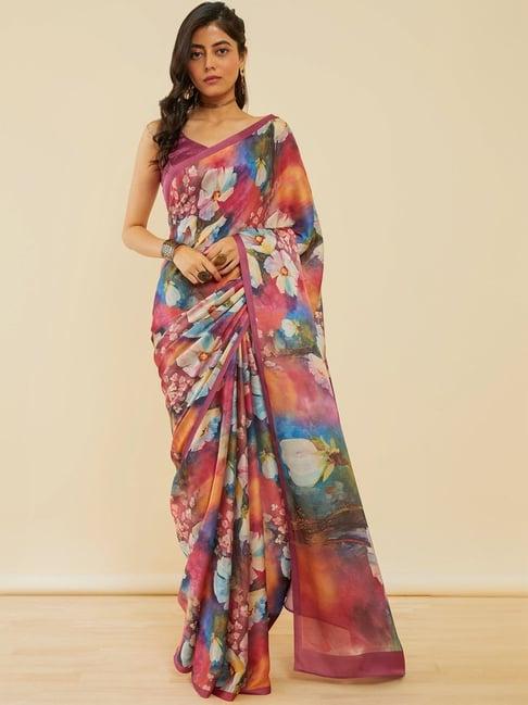 soch onion pink floral print saree with unstitched blouse