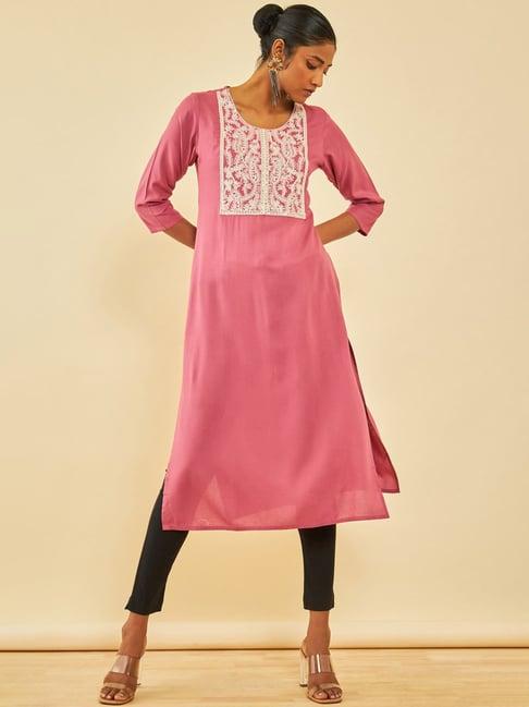 soch onion pink yoke design kurta with thread work