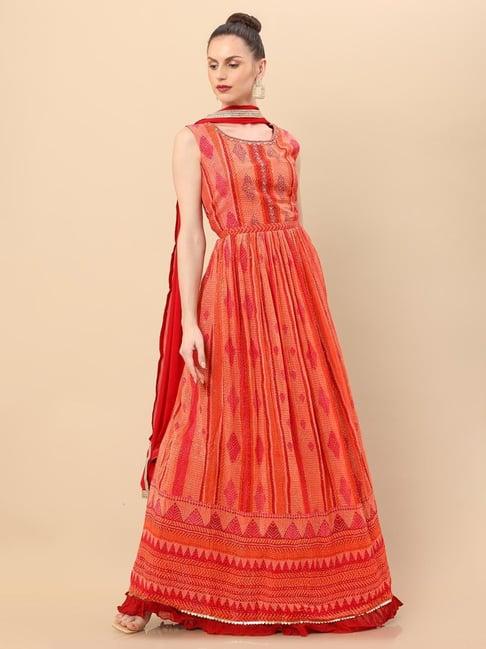 soch orange embroidered kurta churidar set with dupatta