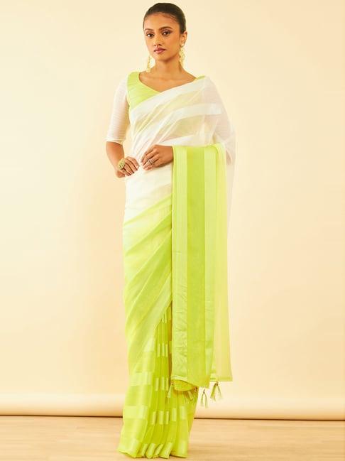 soch parrot green striped saree with unstitched blouse