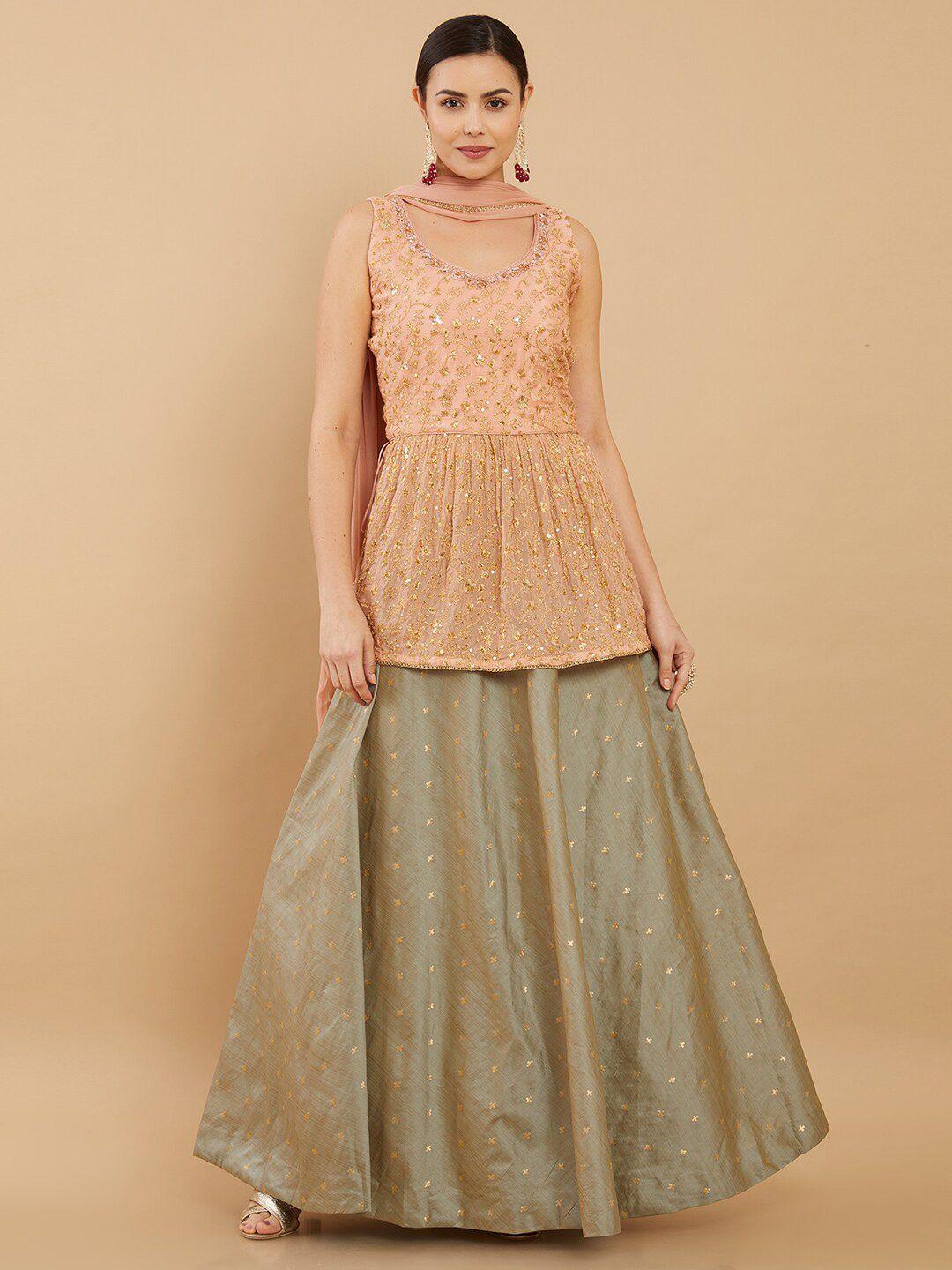 soch peach & green embellished zardozi ready to wear lehenga & blouse with dupatta