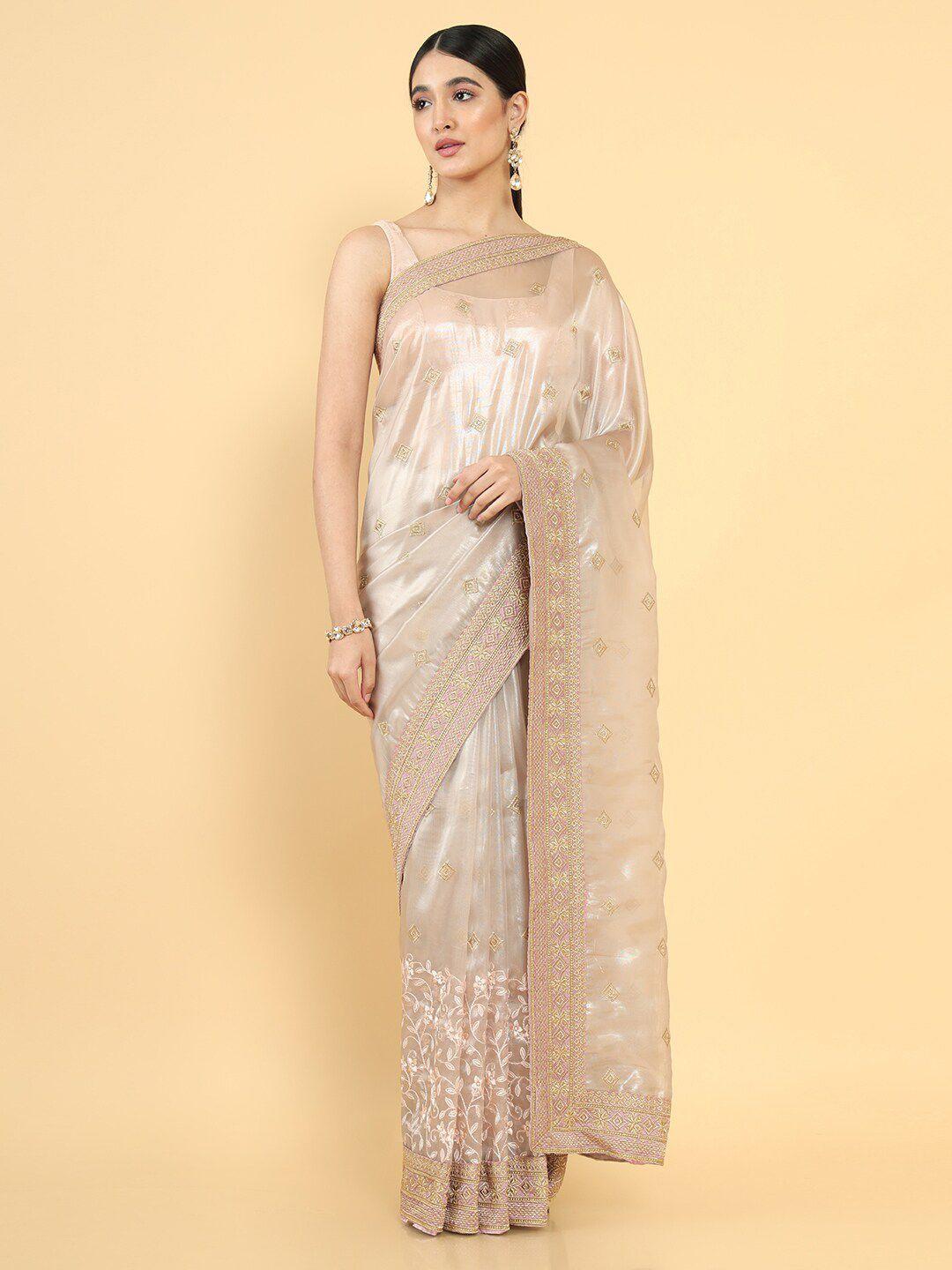 soch peach-coloured & gold-toned floral embroidered tissue saree