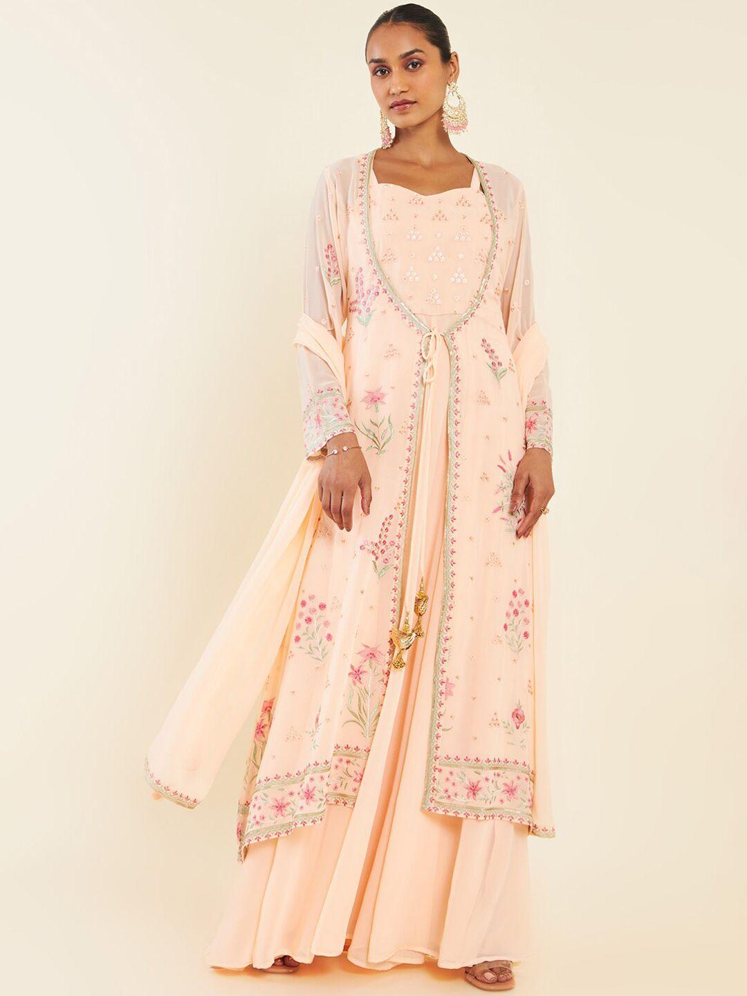 soch peach-coloured & red embroidered layered kurta with churidar & dupatta