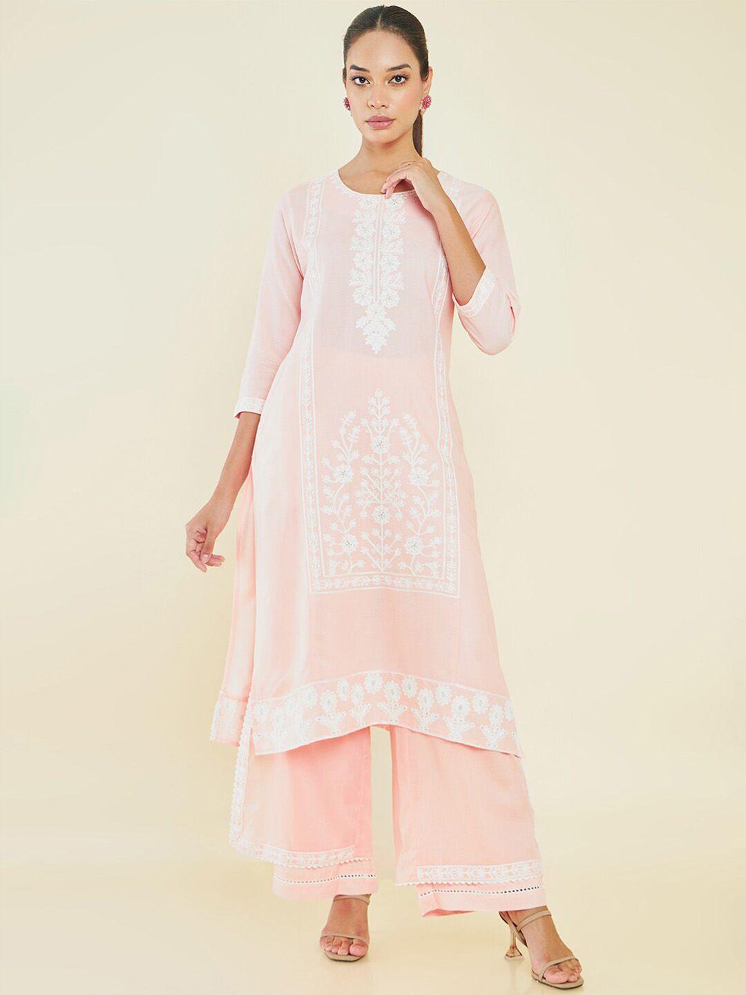 soch peach-coloured & white floral embroidered panelled kurta with palazzos