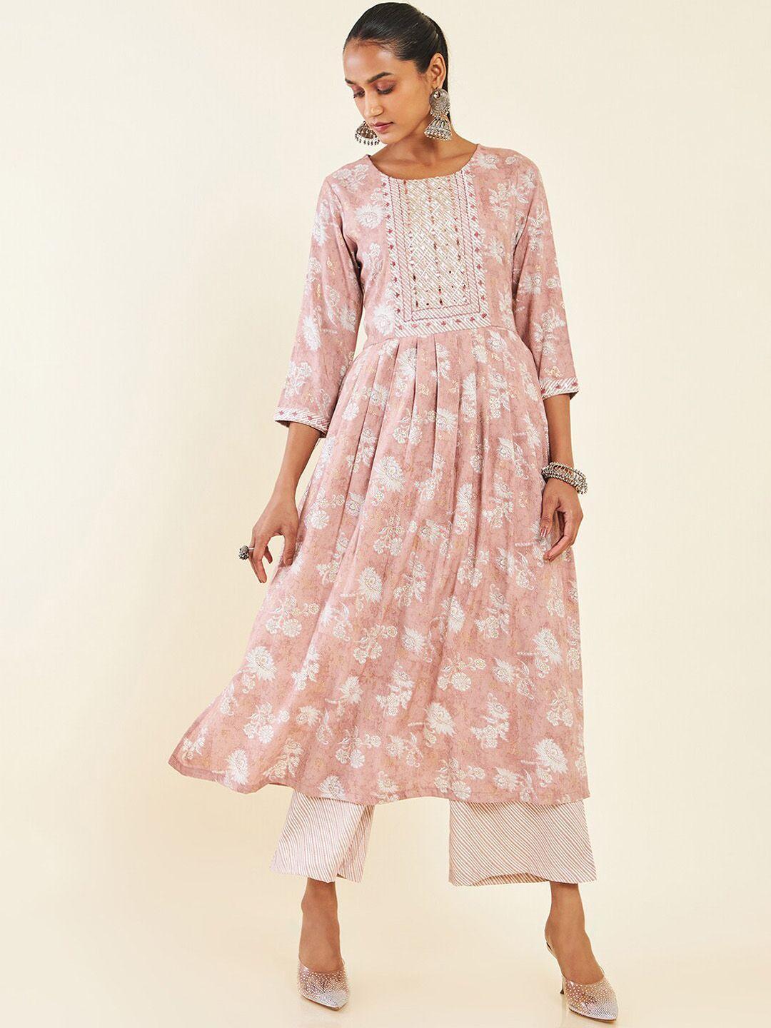 soch peach-coloured floral printed pleated a-line kurta with palazzos