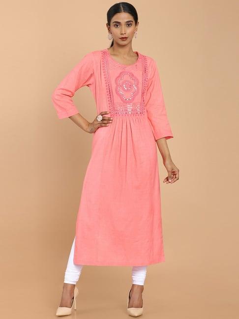 soch peach cotton embellished straight kurta