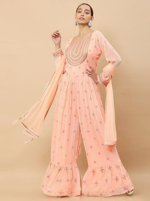 soch peach embroidered jumpsuit with dupatta