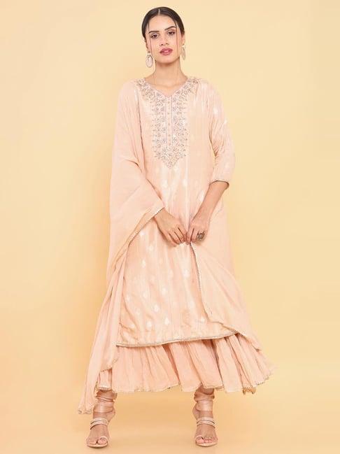 soch peach embroidered kurta churidar set with dupatta