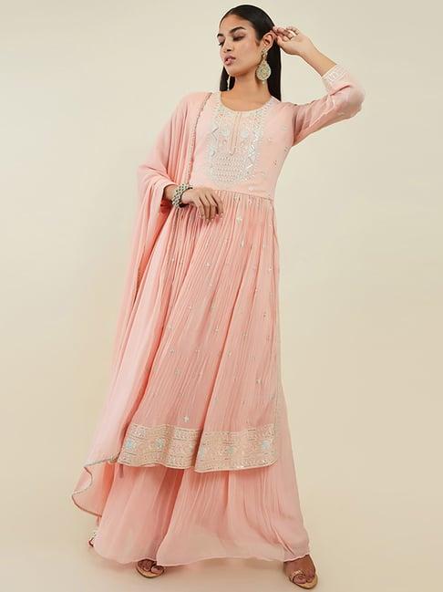 soch peach embroidered kurta palazzo set with dupatta