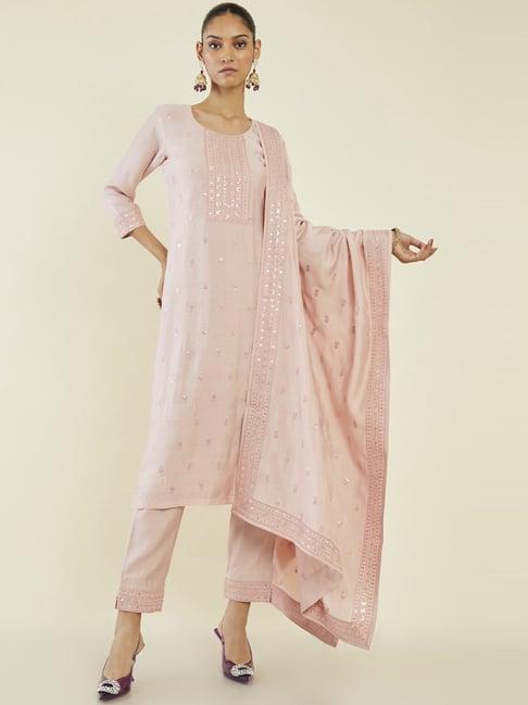 soch peach embroidered kurta pant set with dupatta