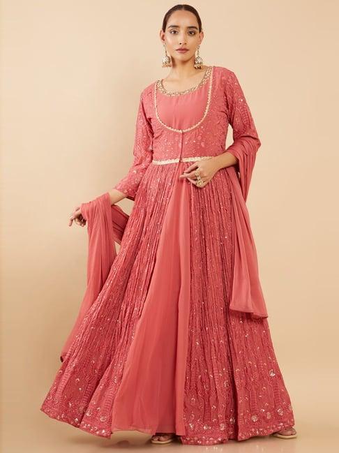 soch peach embroidered kurta pant set with jacket & dupatta