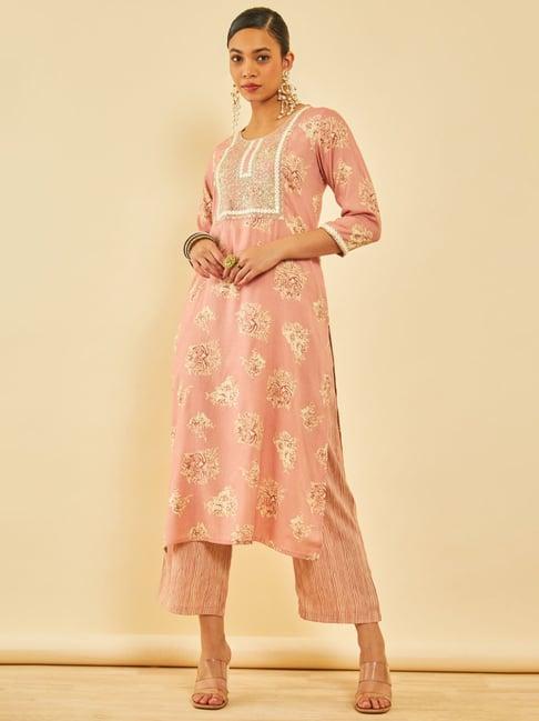 soch peach floral print kurta pant set