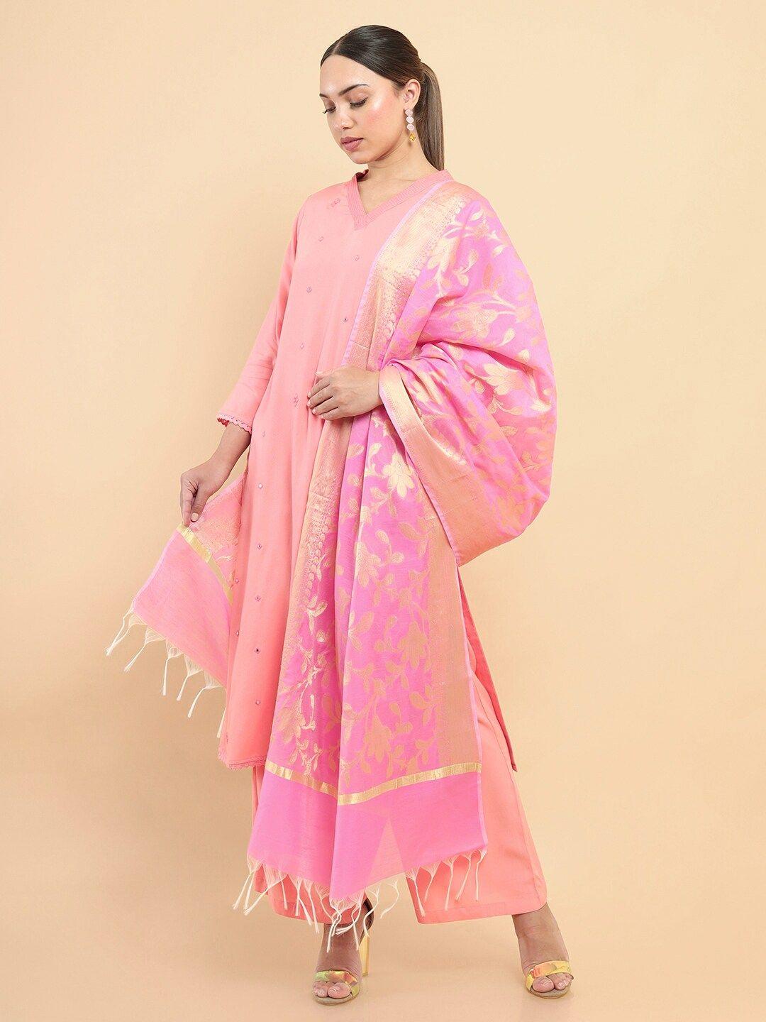 soch pink & gold-toned woven design satin dupatta