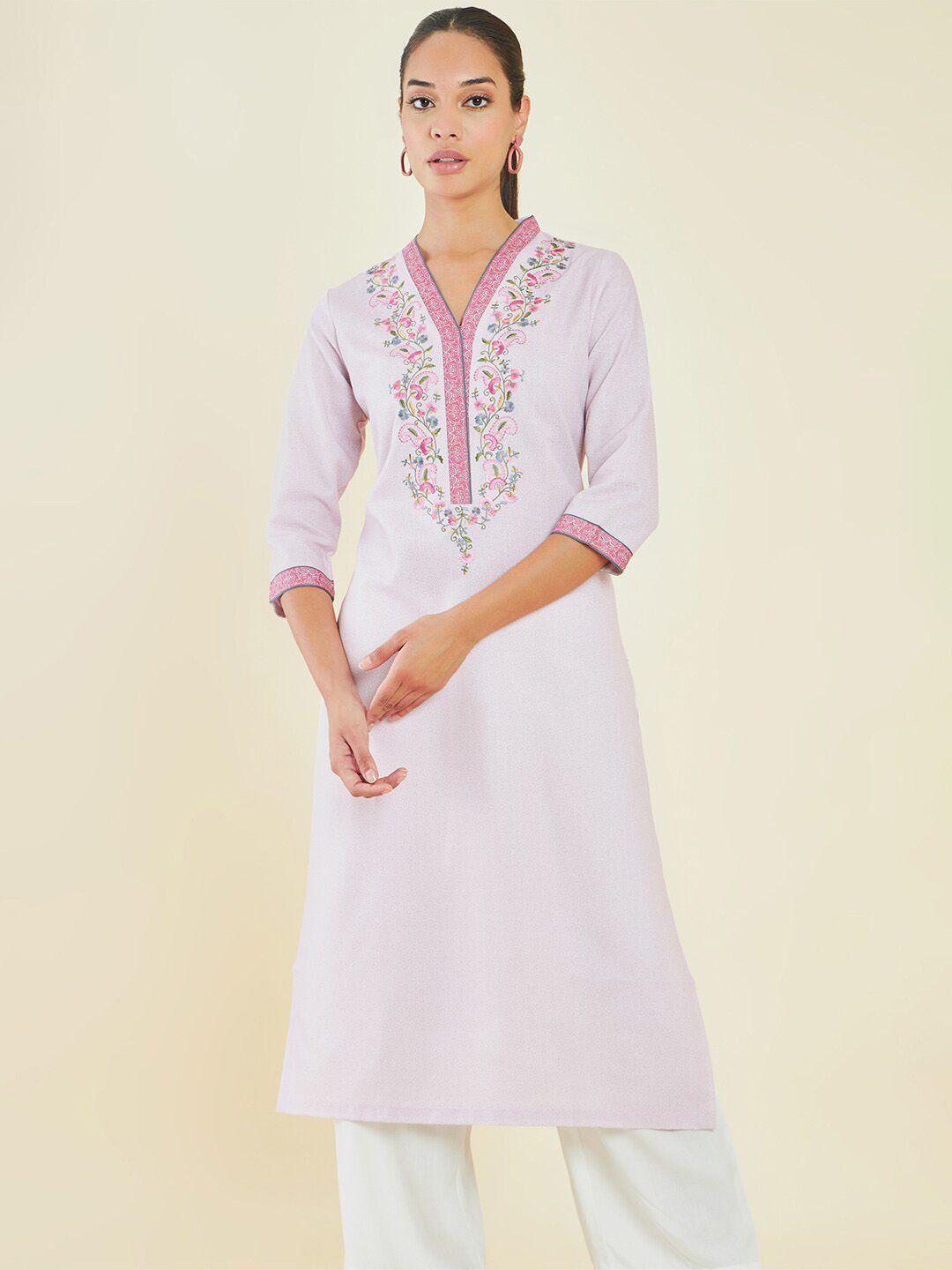 soch pink & green v-neck floral embroidered straight kurta