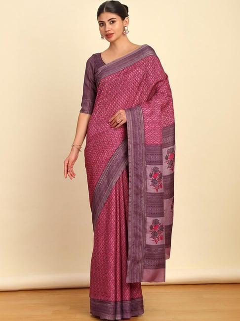 soch pink & purple floral print saree with unstitched blouse