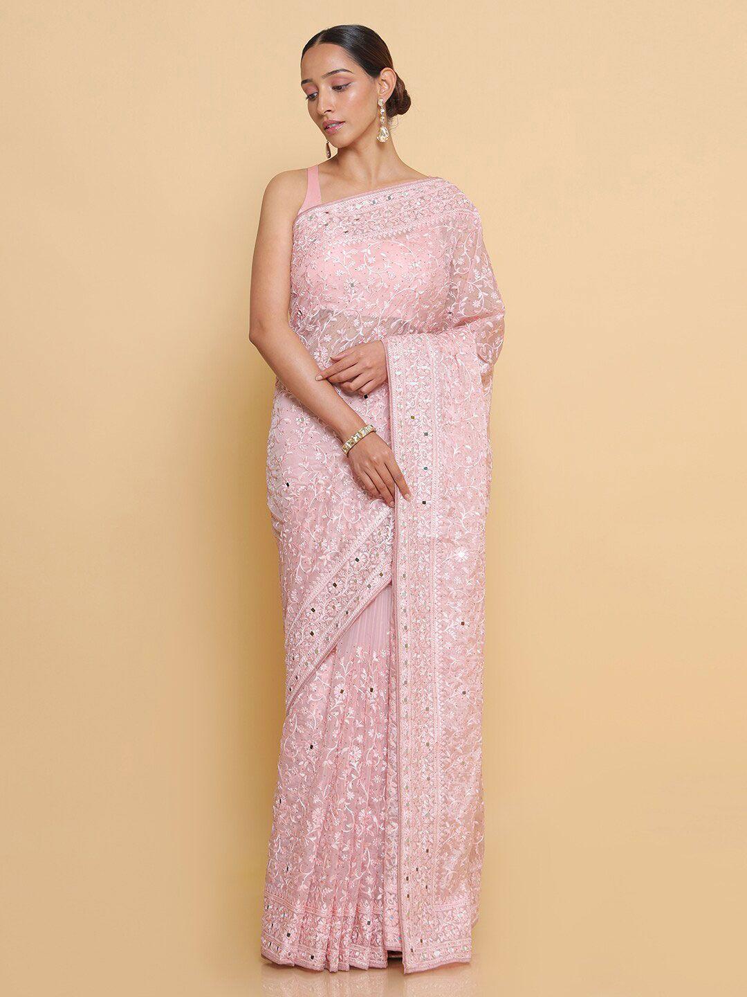 soch pink & silver floral embroidered organza heavy work saree